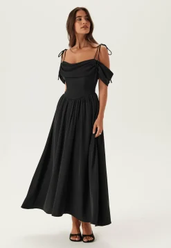 Draped Off Shoulder Corset Midi Dress