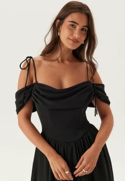 Draped Off Shoulder Corset Midi Dress