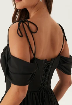 Draped Off Shoulder Corset Midi Dress
