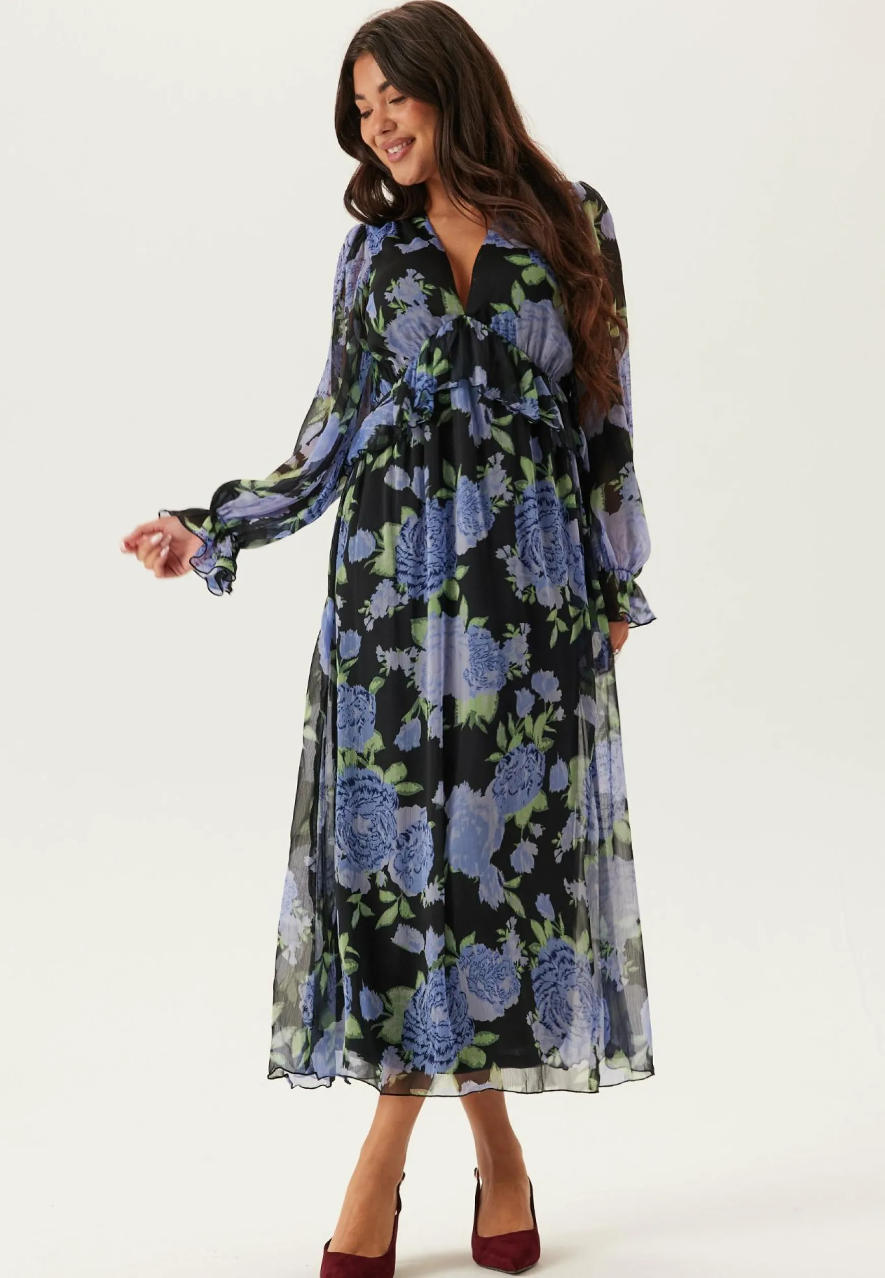 Frill L/S Chiffon Midi Dress