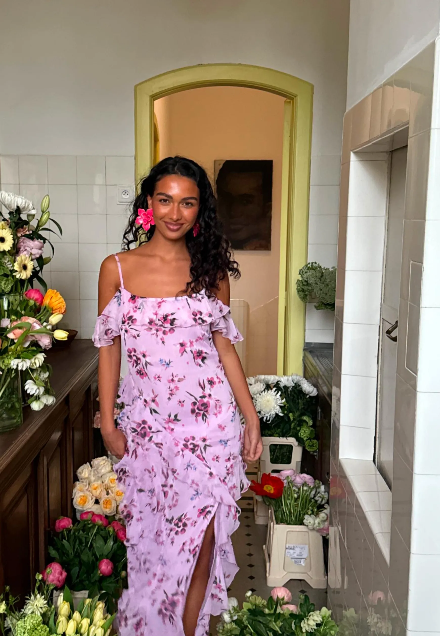 Peaky Shoulder Flounce Maxi Dress