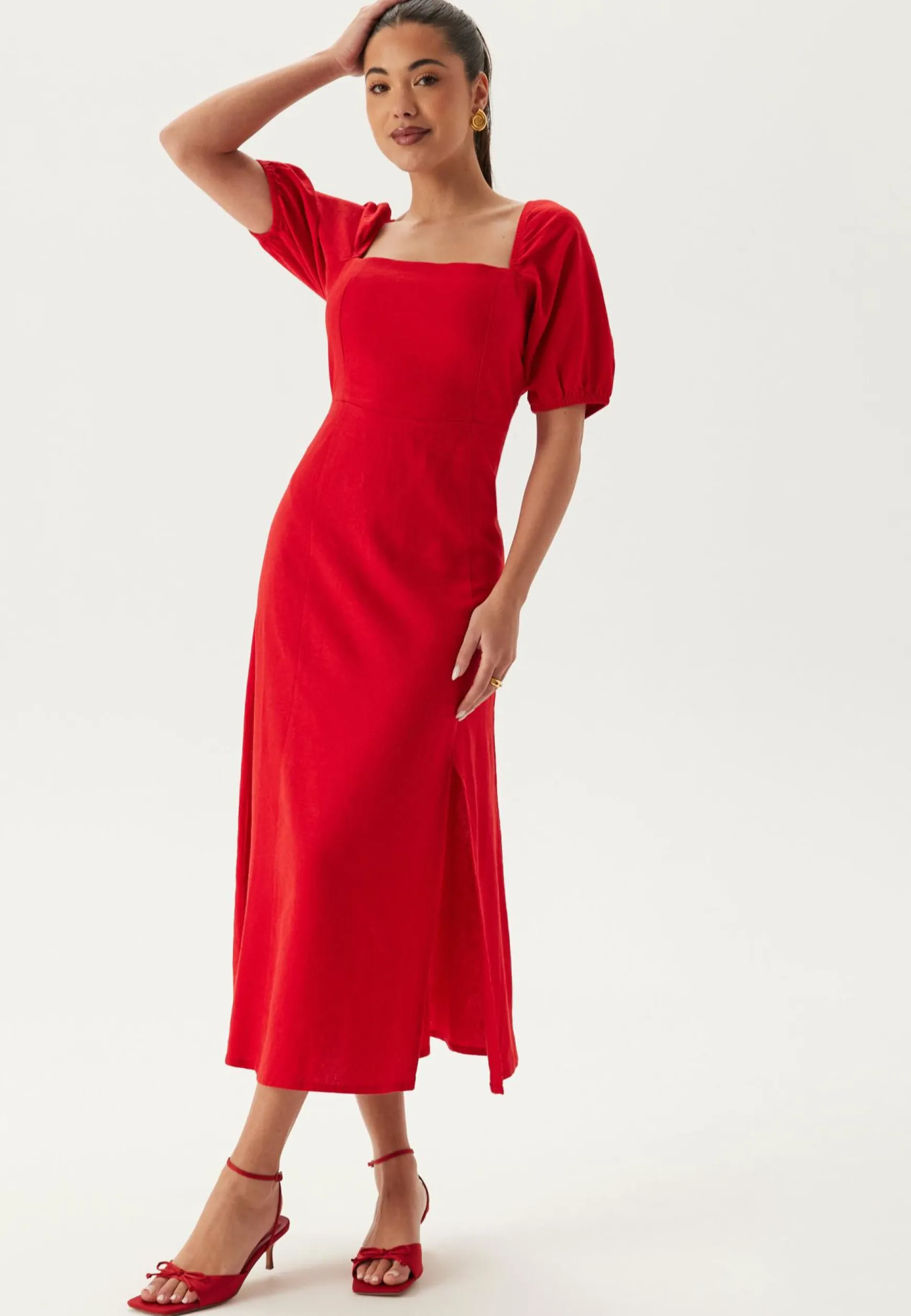 Puff Sleeve Linen Blend Dress
